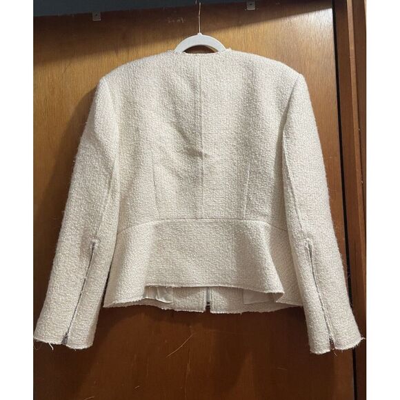 THEORY BLAZER WOMENS SIZE 14 CREAM WOOL BLEND ZIP UP FULLY LINED DESIGNER JACKET - Picture 2 of 7